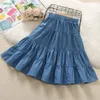 Girls Denim Skirts Summer Patchwork Kids Cotton Cake Skirts Ruffles Pleated A-Line Midi Skirts for Girls 240329