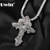 Uwin Iced CZ Cross Cross подвесные ожерелья кубические цирконии цветут розы, чар, модные панк -рэпер украшения для подарка 240407