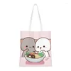 Shopping Bags Kawaii Printed Peach And Goma Eating Salad Tote Bag Portable Canvas Shopper Shoulder Handbag