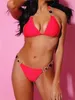 Women's Swimwear Sexy rhinestone bikini 2024 flawless womens red pink sparkling diamond thong swimsuit metal chain swimsuit 3-piece set J240403