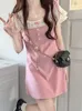 Houzhou Sweet Kawaii Pink Jurk Vrouwen nep twope -oce patchwork sexy slanke mini -jurken Koreaanse mode Koreaanse mode Sundress 240407