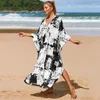 Sexy Plus Size Kaftan V-Neck Kimono For Women Swim Long Dress Printed Robe De Plage Pareos Beachwear Tunic Bikini Cover Up