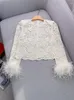 Women's Blouses Women Korean Blouse "Noble And Fashionable" Ivory White Heavy Industry Strand Lace Feather Cuff Round Neck Shirt Top For