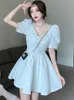 Party Dresses 2024 White Chic Short Sleeve Bow V-hal Mini Dress Women Elegant Casual Pleated Summer Pretty Night