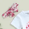 Giyim Setleri Blotona Bebek Kızlar Anneler Günü Kıyafetleri Yaz Mektubu Baskı Kısa Kollu T-Shirt ve Sıradan Çiçek Parlaması Pantolon Kafa Bantları