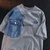 メンズTシャツヴィンテージパーソナライズされたデザインデニムパッチワーク男性と女性向けの短袖TシャツファッションカップルルーズカジュアルヒップホップトップH240407