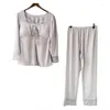 Heimkleidung Spitze 2pcs Pyjamas Anzug Satin lässig Schlafset Frühling Frauen intime Dessous Nachtwäsche Langarm Pyjamas