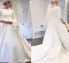 Vestido de novi abiti da sposa in raso modesti modesti meghan markle bateau collo maniche lunghe bottoni posteriori del giardino bohemian br5997668