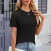 T-shirt feminina feminina camiseta elegante blindas de verão com costura de renda o gola O-pescoço de canela curta camiseta de manga curta para streetwear
