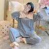 Vêtements à la maison Patchwork Couleur de couleur Sorme Sorme intime Lingerie Femmes Coral Fleece Sleepwear 2pcs Pyjamas Suit à manches longues Pyjama de nuit à manches longues