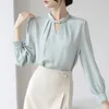 Kadınlar BUZULAR KADIN BAZI BAZI SONUM STIRCH TIMETLERİ OFİS LADY SADECE Uzun Kollu Stand Yakası Saten Bluz Vintage Beyaz Tops