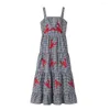 Casual Dresses Summer Women Dress Lobster Embroidery Sleeveless Plaid Square Neck A-line Loose Hem Patchwork Vacation Beach Midi