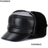 Breda randen hattar hink fuzaibazi mode medelålders äkta läderhatt vinter öronmuffar termiska fårskinn militär tjockare veet fla dhhbi