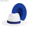 Brede rand emmer klassieke exterieur witte en interieur blauwe vlekken brede fedora hoed dames tweet tone denim jazz bruine riem yq240407