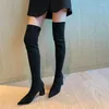 Boots ochanmeb femmes étirer le daim overnnee rond talons slip-on cuisse femme hiver nue pointe orteil élastique