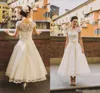 Vestidos de noiva vintage Aline 2019 Mangas de gola ilusão de pescoço Biço de renda curta Fazendas de tornozelo Organza Cheap Bridal Dress3953613