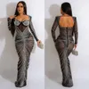 Moda Feminina Hot Diamond Mesh Perspective Sleeve Long Dress F4798 Dongdumaoyi