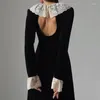 Casual Dresses OMSJ Elegant Backless Hollowed-out Long Sleeves Vintage Women's Maxi Dress Party Club Daily Lace Patchwork Contrast Midi