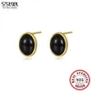 Boucles d'oreilles S'Steel 925 Sterling Silver Black Agate Studs pour femmes conception géométrique Girls Engagement de luxe à la mode