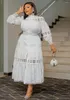 Ethnic Clothing Chic Women Hollow Out Lace Splice Mock Neck Long Sleeve A Line Midi Dress With Belt Casual Party Club Outfits Plus Size