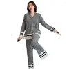 Accueil Vêtements Automne Nightwear Lingerie Plaid Femmes 2PCS PAJAMAS COST CASBOSE SEMBRES SECHNE SEMBLAGE PAJAMAS