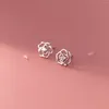 Stud -oorbellen Real 925 Sterling Silver Single Zirkon Rose Cute Hollow Flower Studs Hypoallergene sieraden voor vrouwelijke meisjes