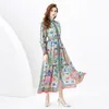 Linda Maxi Flower Cocktail Cardigan Dress Designer Women Button Blood Slave Slave Dresses Stand Collar Ladies Belt Belt Casual Party Beach Resort Roupes Roupas