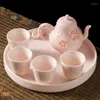 Ensembles de voies de thé à la main à la main couchage de thé chinois ensemble de thé en céramique tasse théière exquise rose tasses de thé avec plateau