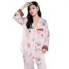 Maison de vêtements imprimés fleur 2pcs sommeil ensemble intime lingerie femmes nocturnes pyjamas costume à manches longues pyjamas en satin rose décontracté décontracté