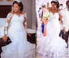 Plus storlek sjöjungfrun illusion långa ärmar bröllopsklänningar brudklänningar sydafrikansk landsdesigner applikation rufslad organza recep7161075