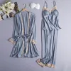 Home Clothing Satin 3PCS Pyjamas Anzug Frühling Sommer intimer Dessous lässig Seiden Nachtwäsche Pyjamas Neuheit Schlaf Set