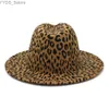 Wide Brim Hats Bucket Leopard print red Fedora faux wool felt hat womens party Trilby Jazz church patchwork Panama yq240407