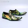 Casual Shoes Mens Green Printing Loafers Luxury Design äkta läder spetsig tå slip-on oxford manlig skor