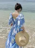 Partykleider Sommer Kurzarm vor Schulter Vintage Strandkleid Bule Boho Holiday Femme Robe Blumen Midi Frauen Französisch