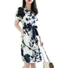 Party Dresses Summer Fashion Chinese Style Ink Painting Print Lace-up Chic Sweet For Women Casual Short Sleeve Dress Clothes B011