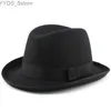 Chapeaux à bord large seau pour hommes en laine classique Homburg Hat Band Band Fedora trilby Sunhat Jazz Winter Warmth Taille réglable M-L 7 1 / 8-7 3/8 YQ240407