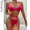 Sexy Set Elllace Silk bielizna luksusowa bieliznę Rhinestone 4-elementy push upp exotic sets podwiązki różowy stanik biustonosza i majtki l2447