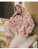 Vêtements à la maison Hiver Hooded 2pcs vêtements de nuit Femmes Pyjamas Set Casual Shirtpants Tapis de nuit chauds Coral Fleece Pyjamas Habots