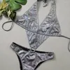 Kvinnors badkläder glänsande glitter silver bikini kvinnor metallring länkade ihåliga ut rygglösa en bit baddräkt sexig baddräkt thong 2024