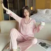 Home Clothing Duojihui Autumn Solid Color Women's Pyjamas Set Korean Sweet Chic Button Cardigan Casual Simple Pant Losse vrouwelijke slaapkleding