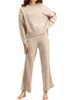 Women's Two Piece Pants Womens sweater set of 2 pieces casual long sleeved round neck knitted zipper jumpers and wide leg pants track clothingC240407