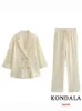 Kondala Vintage Solid Beige Office Office Lady Summer Women Women Super Summer Supered Blazer Blazer Wide Leg Pants 240326