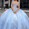 Sky Blue Shiny Off The Shoulder Ball Gown Quinceanera Dresses Appliques Lace Beading Bow Tull Corset Vestidos De 15 Anos