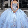 Небо синий блеск с плечевого шарикового платья Quinceanera платья аппликации кружевные бисера