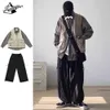 Spring Casual Set Män vintage Vest Patchwork randiga skjortor över hela benen Baggy Cargo Pants Fake Två långärmade toppar Male Suit 240327