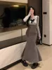 Werkjurken Koreaanse mode gebreide jurk 2 -delige sets vrouwen casual zoete boog sexy blouse bodycon elegant avondfeest 2024 lente