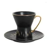 Cups Saucers Creative Drum-shaped Coffee Cup Set 200ml Golden Line Drawing And Ceramic Saucer