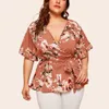 eDressU Plus Size Women Chiffon Blouse Print V Neck Shirt Tops Casual Office Lady Wear KYM802 240403