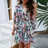 Party Dresses Vacation Mini Dress Floral Print V Neck With Loce-Up Belt Ruffle Patchwork Three Quarter Sleeve A-Line For Women