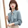 Retro Blue Chiffon Blue Autumn Spring Bowknot Workwear ol Topps Elegant Women Long Sleeve Lace Shirt 240407